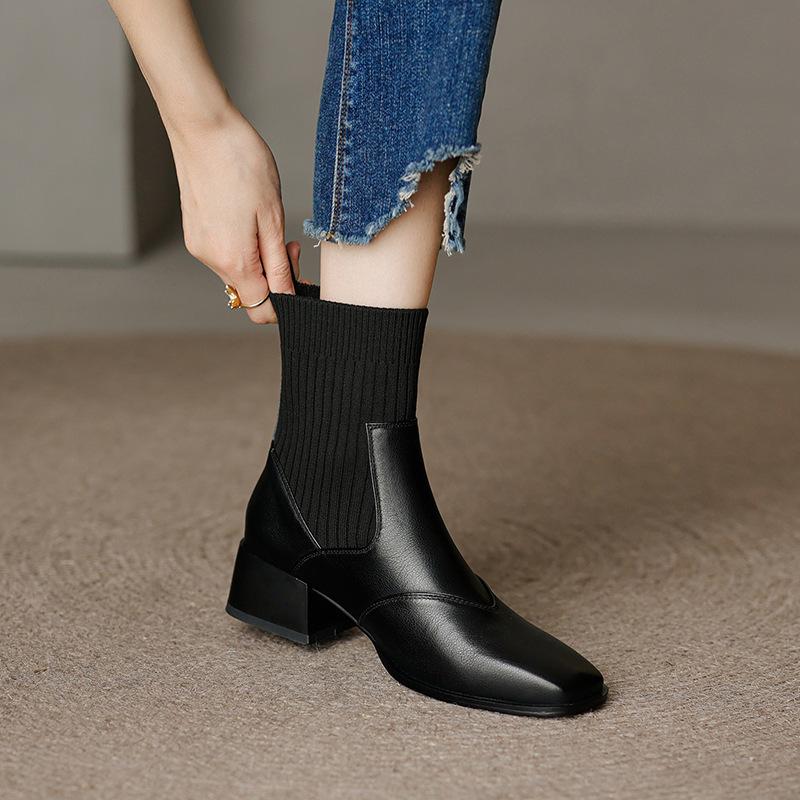 Knitted Sleeve Elastic Skinny Socks Boots Retro Square Head Thick Medium Heel Short Boots Women's Autumn, Winter and Naked Boots