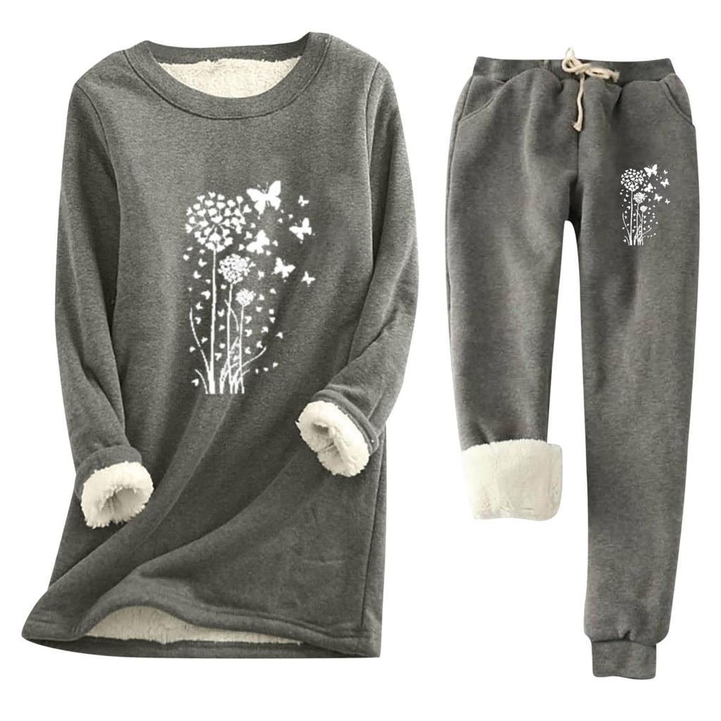 Women's Print Round Neck Warm Suit Long Sleeve Fleece Drawstring Sweatpants Two-Piece Set