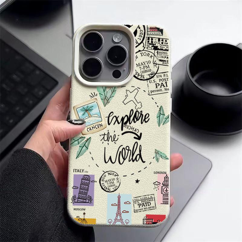 Travel Map Pattern Phone Case For iPhone 17e 16e 17 16 15 14 Pro Max 13 12 Pro Air 11 Leather Texture TPU Silicone Soft Cover