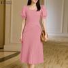 ZANZEA Women Casual Square Collar Summer Short Sleeve Pleated Dress