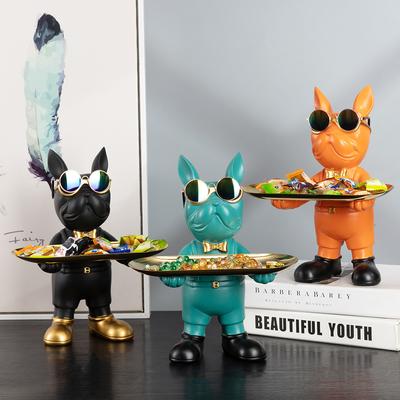 Escultura de animal de resina Bulldog Butler com bandeja Dog Statue Décor para decoração de casa para sala de estar Estatueta de Bulldog Francês