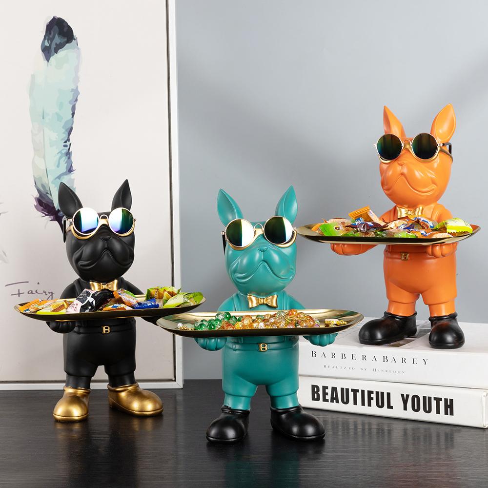 Resin Animal Sculpture Bulldog Butler with Tray Dog Statue Décor for Home Decoration for Living Room French Bulldog Figurine verde