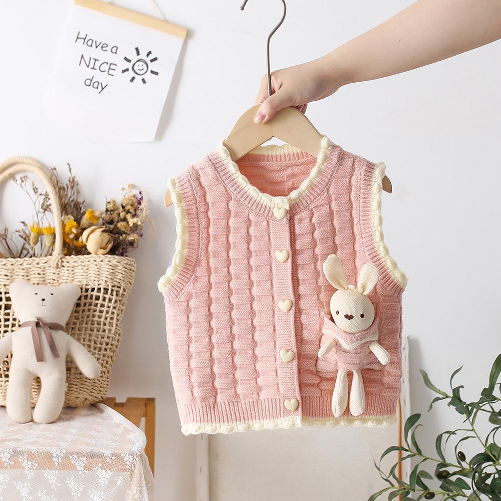 

Мультяшный жилет-свитер с кроликом для девочек - Детский трикотажный кардиган без рукавов для весны и осени 120 cm розовый