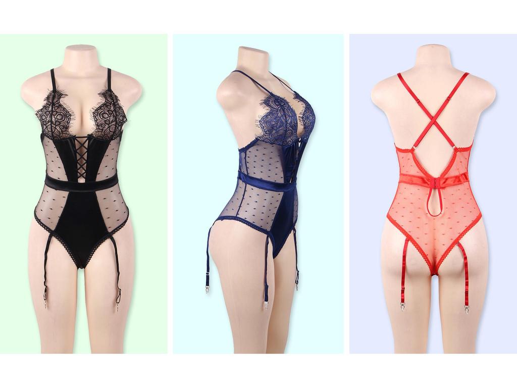 Plus Size Lace Spliced See-Through Garter Bodysuit Nightwear