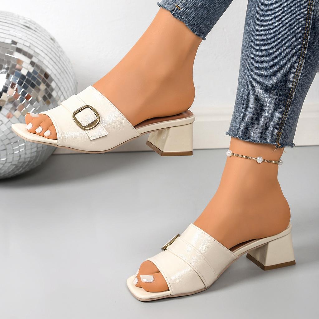 Slippers 22 beautiful summer new thick heel high heel large size cool slippers fish mouth square buckle slippers