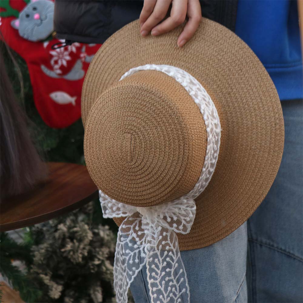 Spring Summer Flat Top Straw Hats French Style Women's Sun Hat Trendy Bow Ribbon Straw Hat Girls