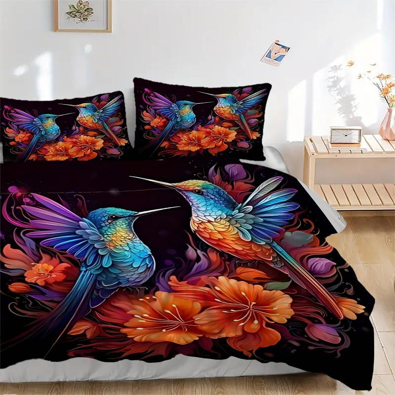 3pcs Colorful Hummingbirds Amidst Vibrant Flowers Quilt Set Cartoon Themed Bed Quilt Set Lovely Character Bedroom Decor Bed Quilt Set Four Season