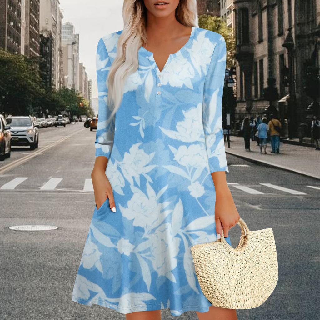 Women's Summer Dress Loose V Neck Three-quarter Sleeve Sundress With Pockets Dress