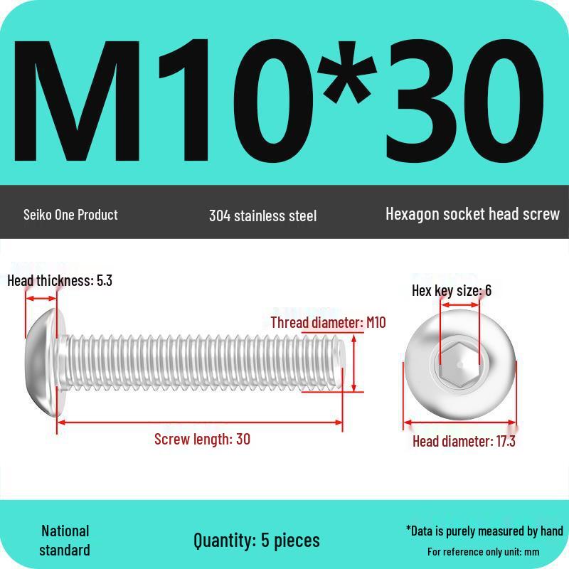 304 Stainless Steel Pan, Half, and Round Head Hexagon Screws (M2-M12)