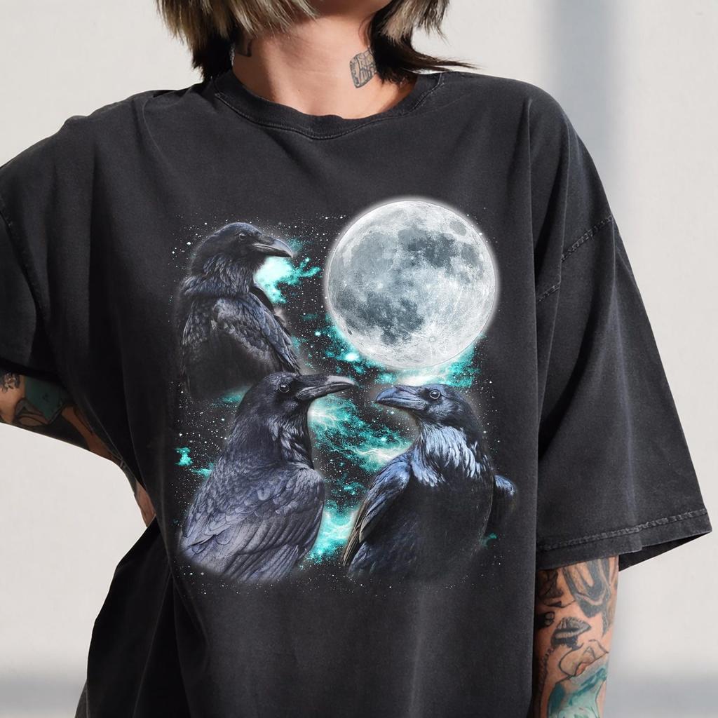 Three Raven Moon Shirt, Gothic Crow Tee, Oversized Washed Vintage Style