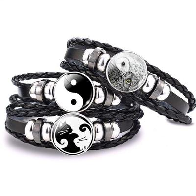 Yin Yang Armband Yin Yang Katze Yin Yang Eule Glascabochon geflochtenes mehrschichtiges schwarzes Leder gewebtes Armband für Männer Frauen
