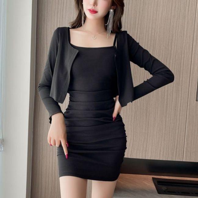 

Hong Kong Style Women s Sexy Bodycon Summer Dress & Cardigan Shawl Set Extra Large чорний