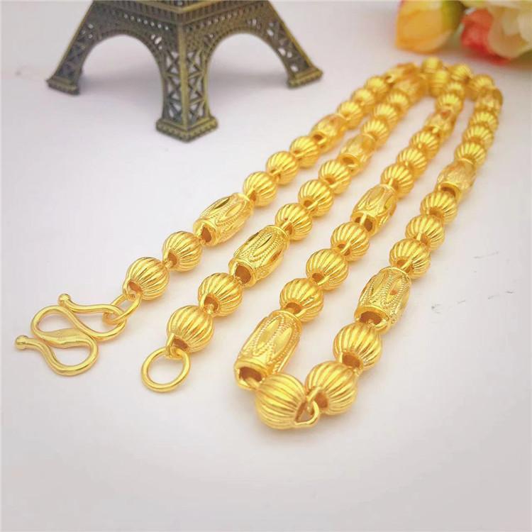 Nytt Herrhalsband i Guld med Tre Pärlor! 24K Guld AU999, Cylinder med Blommönster som Förbinder Tre Pärlor, Strömlinjeformad Tuff Unik