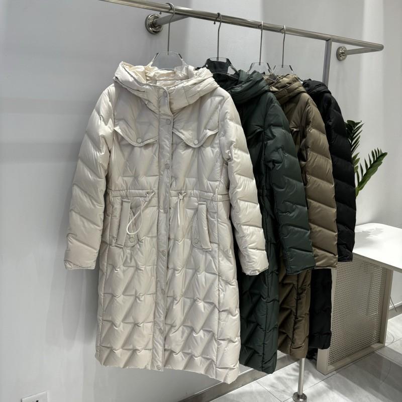 Womens Mid-Length Down Coat With Hood Slim Fit Knee-Length Lightweight Warm Outerwear In Black Beige Coffee Forest Green