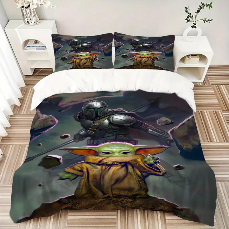 Baby Yoda Mandalorian Print 3-teiliges Bettwäsche-Set Bettbezug mit 2 Kissenbezügen Heim-Geburtstagsgeschenk