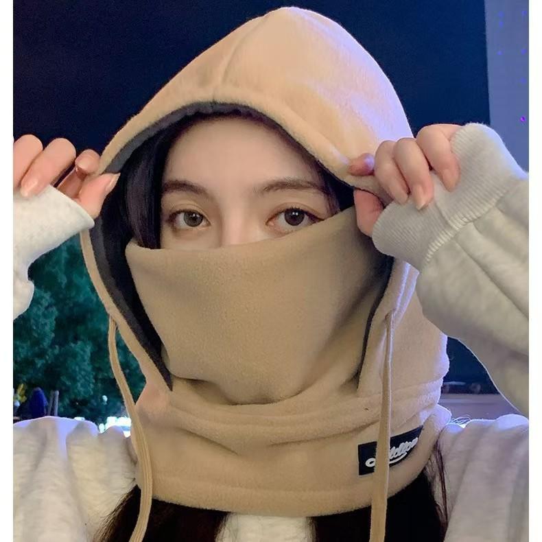 

Women s winter hat with ear protection, windproof hood, face mask, neck warmer, integrated design for electric bike riding, warm inner lining, Korean