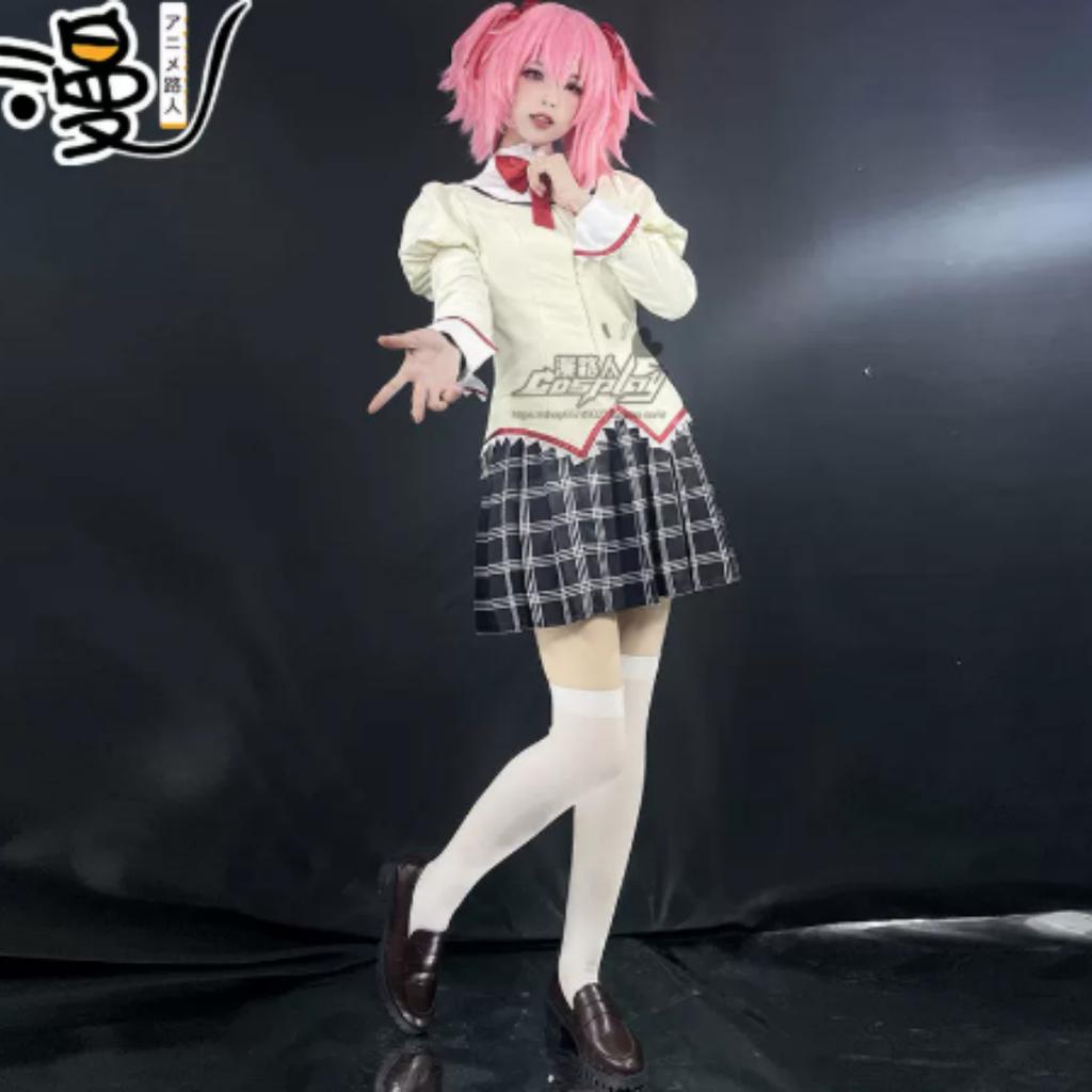 Puella Magi Madoka Magica School Uniform Cosplay Costume Full Set with Wig for Halloween Party