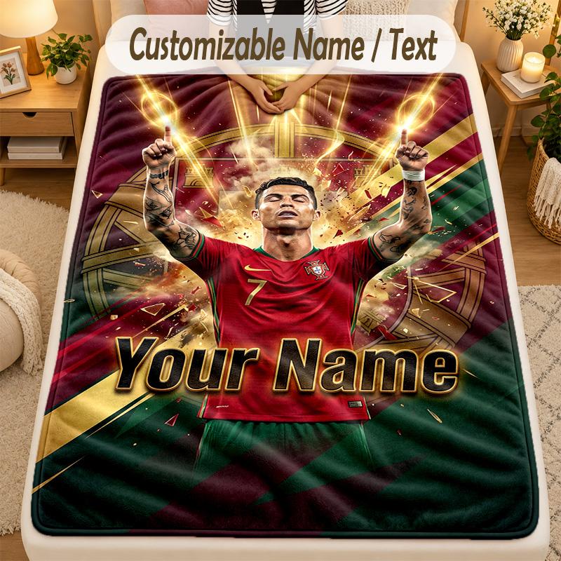 Flannel BlanketCristiano Ronaldo Custom Name Text Personalized Soft Warm Throw Blanket Home Decor Gift