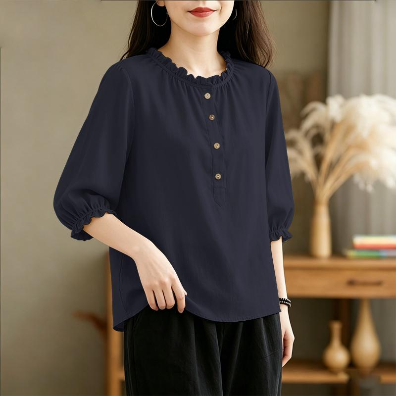 ZANZEA Women Casual Round Neck Solid Color 3/4 Sleeve Loose Blouse