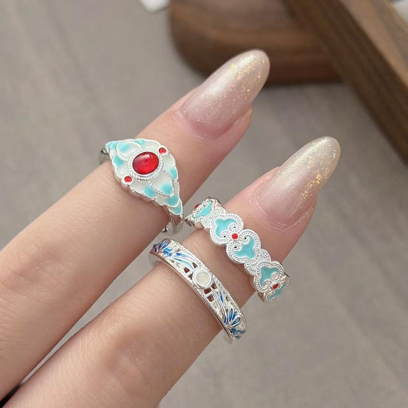 Ethnisch Stil Emaille Meeresblau Tropföl Blume Öffnungsring Damen Nische Leichter Luxus Exquisit Stapelring