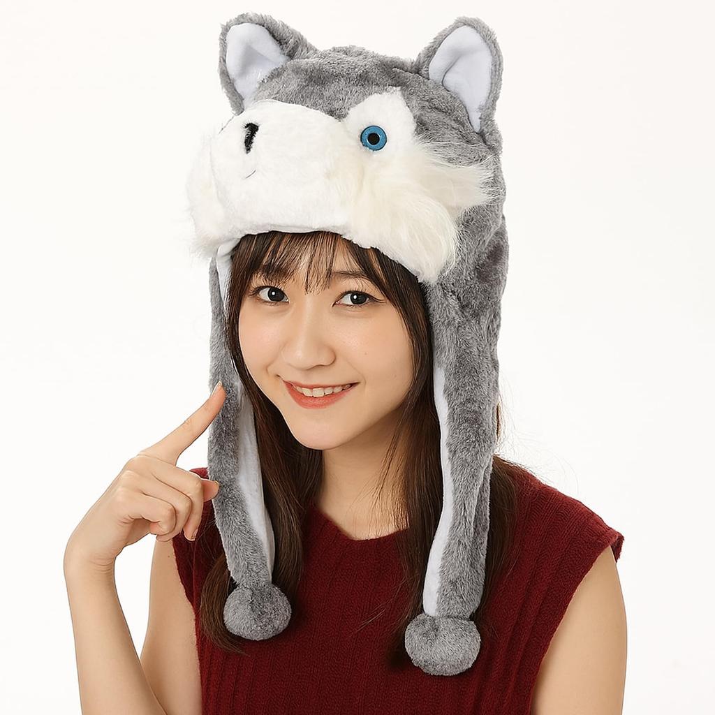 [NazyJnn] Plush Animal Hat for Halloween, Perfect for Kids and Adults, Cute with Ears, Cosplay, Winter Gear, Funny Husky Gift