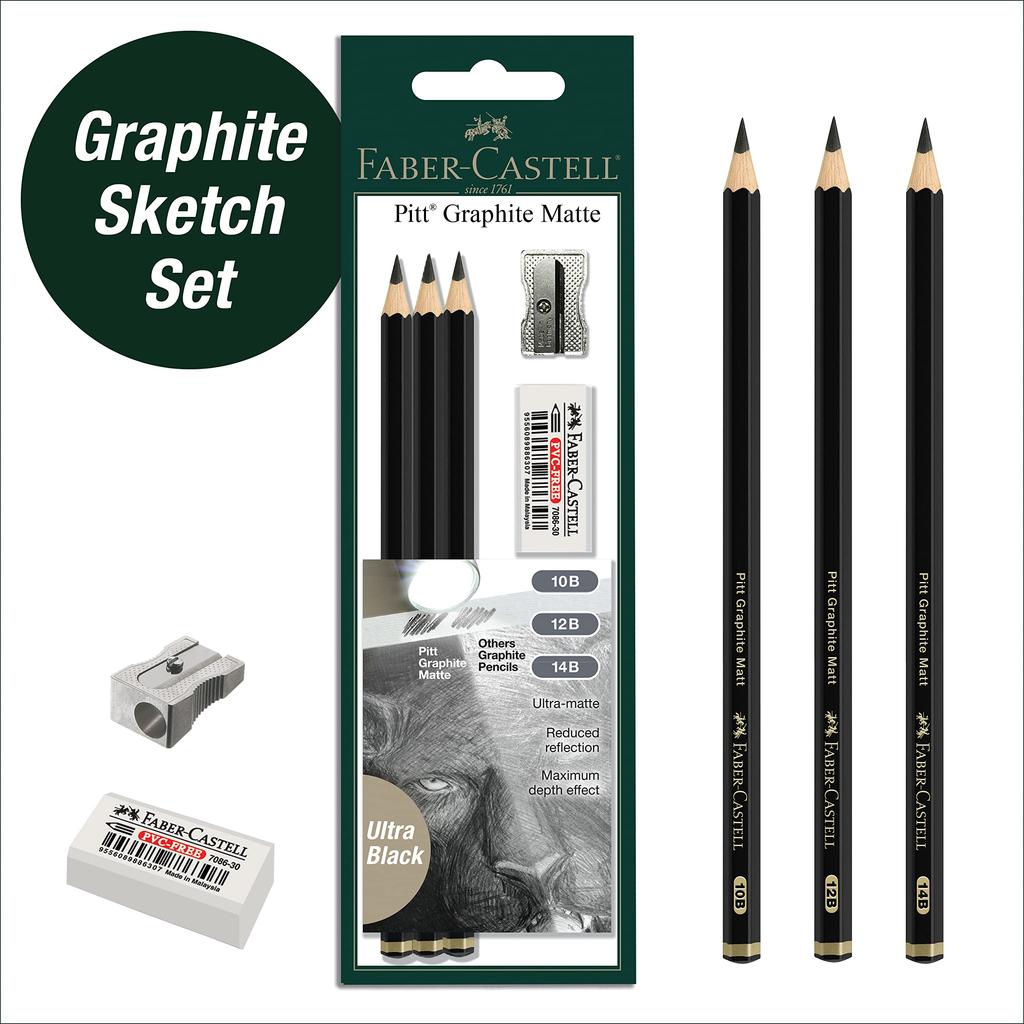 Pitt Graphite Matte Tin and 14B Matte Black Graphite Pencils Faber-Castell (3 Pencils) 10B, 12B,