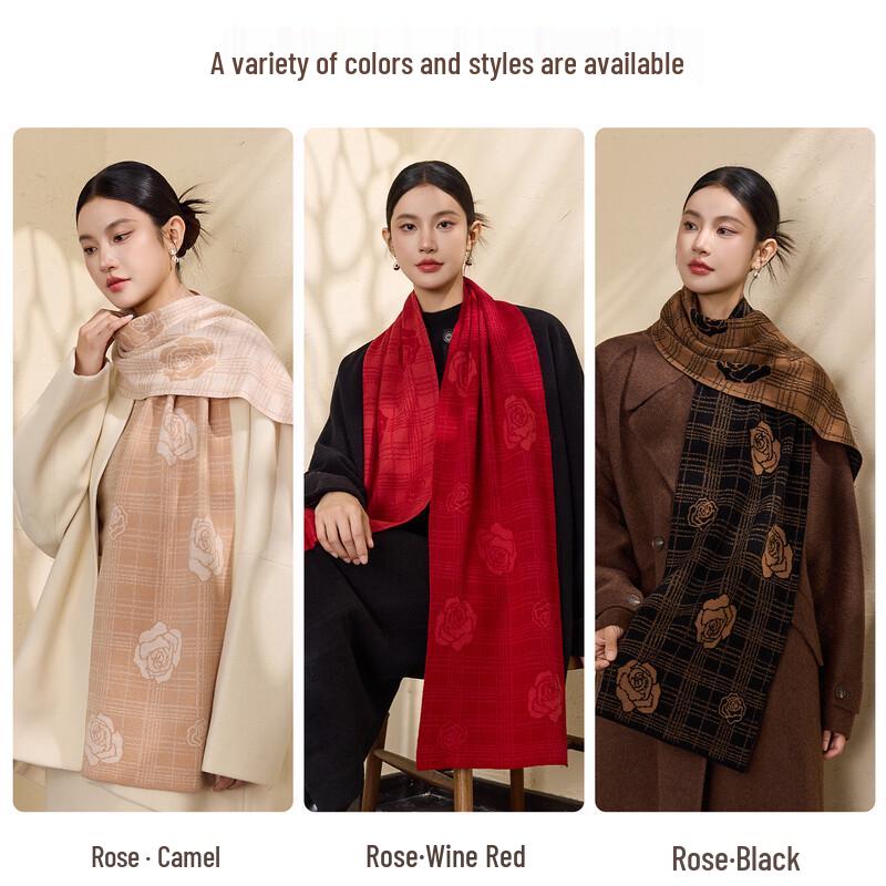 Hengyuanxiang Women's 100% Wool Jacquard Rose Scarf