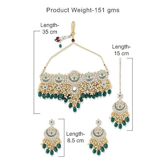 Green Meenakari Bridal Choker Necklace Earring & Maangtikka Set For Women