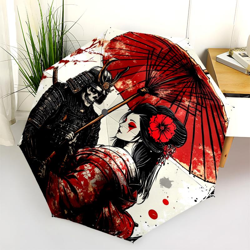Beauty and Samurai  Pattern, Automatic Folding Umbrella, Portable and Foldable Design, 8 Ribs, a Christmas or Birthday Gift.