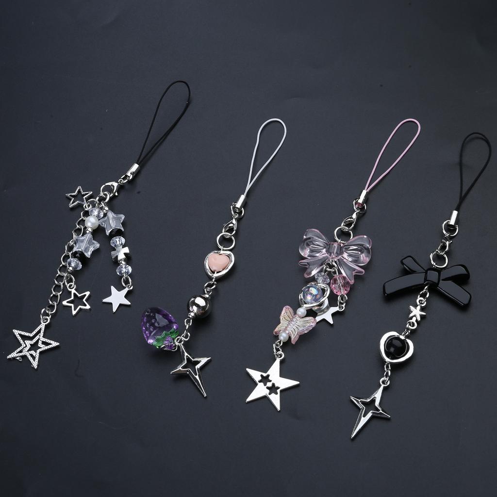 4Pcs Bowknot Star Pendant Phone Charm Hangings Rope Sweet Phone Chain Strap Bag Decoration Lanyard Keychain Accessory