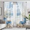 2PCS, Multicolor, Coastal Beach Scene with Seashells and Blue Vase Floral Print Curtains, for Bedroom and Living Room