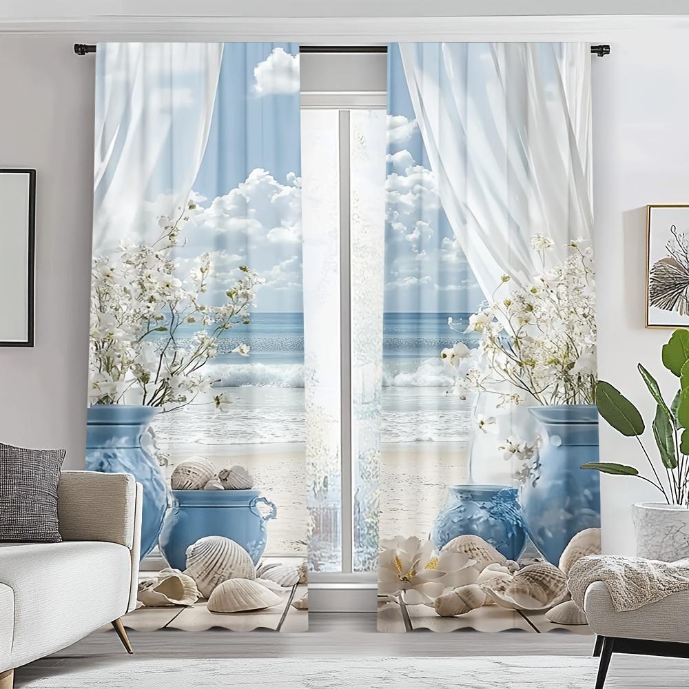 2Pcs, Multicolor, Coastal Beach Scene With Seashells And Blue Vase Floral Print Curta, For Bedroom And Living Room 24x59in(60x150CM)x2&Rod Pocket&2 panels