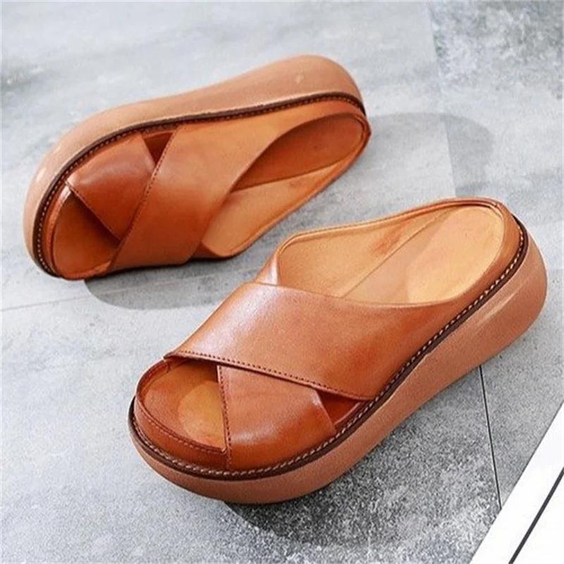 Fashion Women Slippers Soft Leather Wedges Shoes Woman Summer Sandals Beach Flip Flops New Platform Sandalias Mujer Wedge Heels Sandals