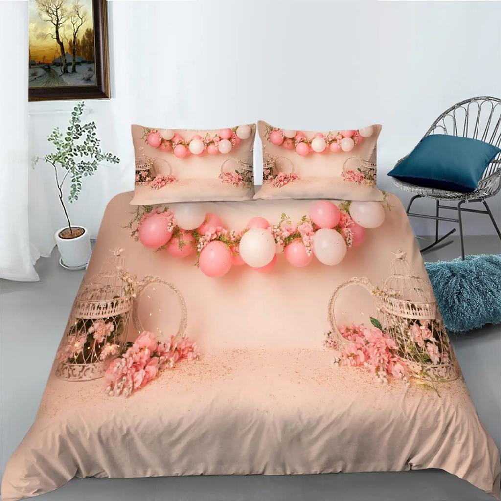 Watercolor Duvet Cover Hand Painted Style Floating Air Balloons Clouds Print Decorative Bedding Collection Blue Pink Coral Children