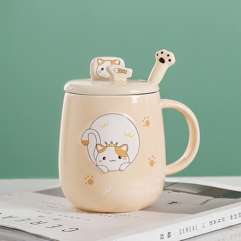 

Cartoon Cat Ceramic Mug with Lid and Spoon - Trendy Office Coffee Cup 480ml