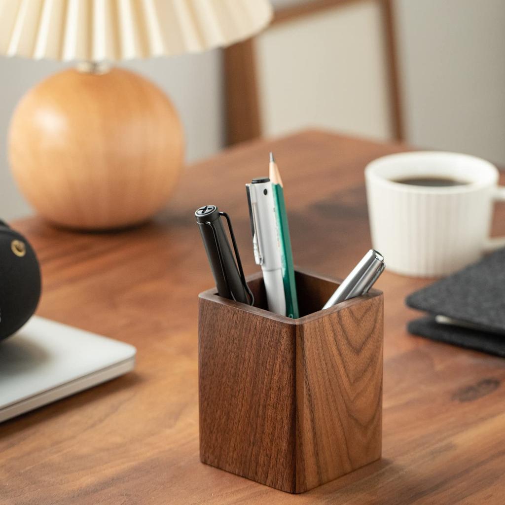 Muso Wood Wooden Pen Holder, Desk Stationery Storage, Square Pencil Holder, Stylish and Simple Design (Walnut)