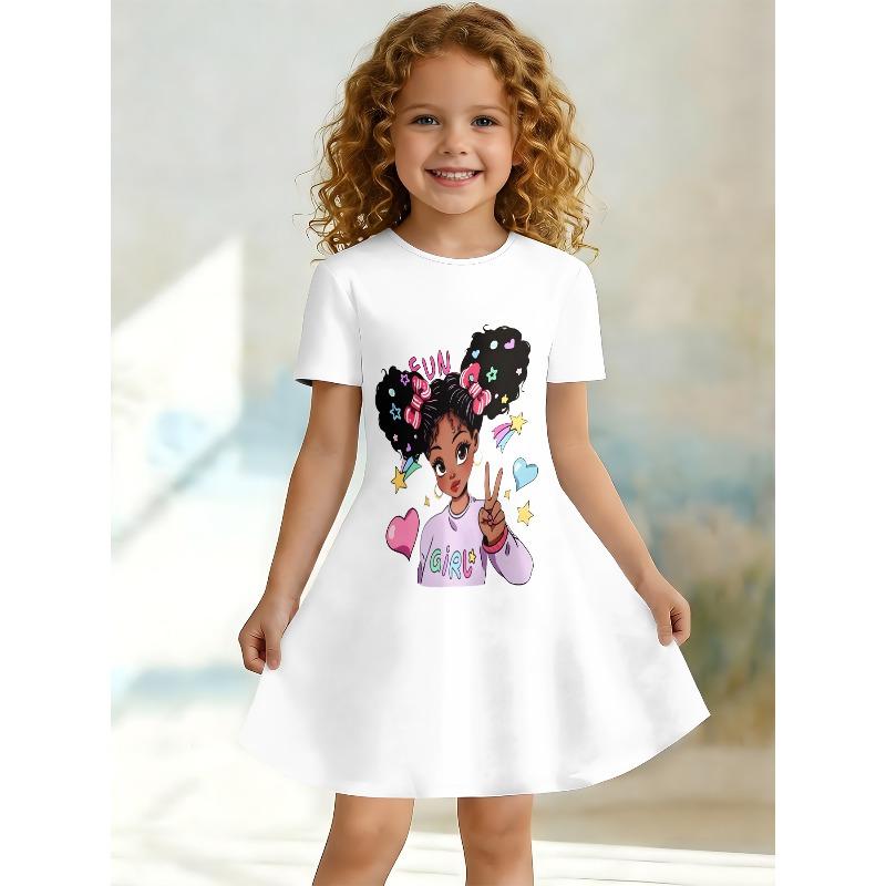 Sweet Cartoon A-line Dress for Girls, Short Sleeved Casual Summer A-line Dress Suitable for Birthday Parties and Gift Giving