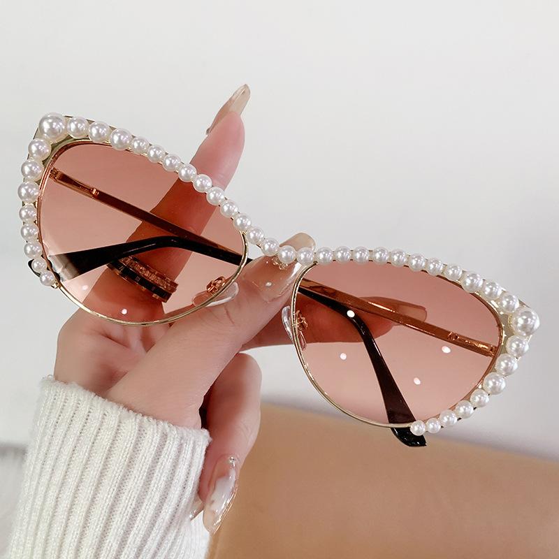 Diamond-Set Pearl Cat'S Eye Large Frame Sunglasses Women'S Metal Frame Sunglasses Glasses