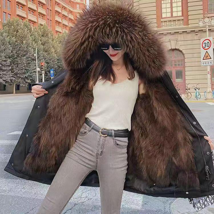Women's Mid-Length Cotton Coat with Removable Faux Raccoon Fur Liner - Thickened, Plus Size