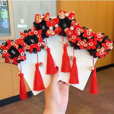 Tassel Bow Wig Braid Hair Rope Red Flower Children Hanfu Hair Ring Bowknot Girl Hair Accessories Ancient Style Scrunchines Girls