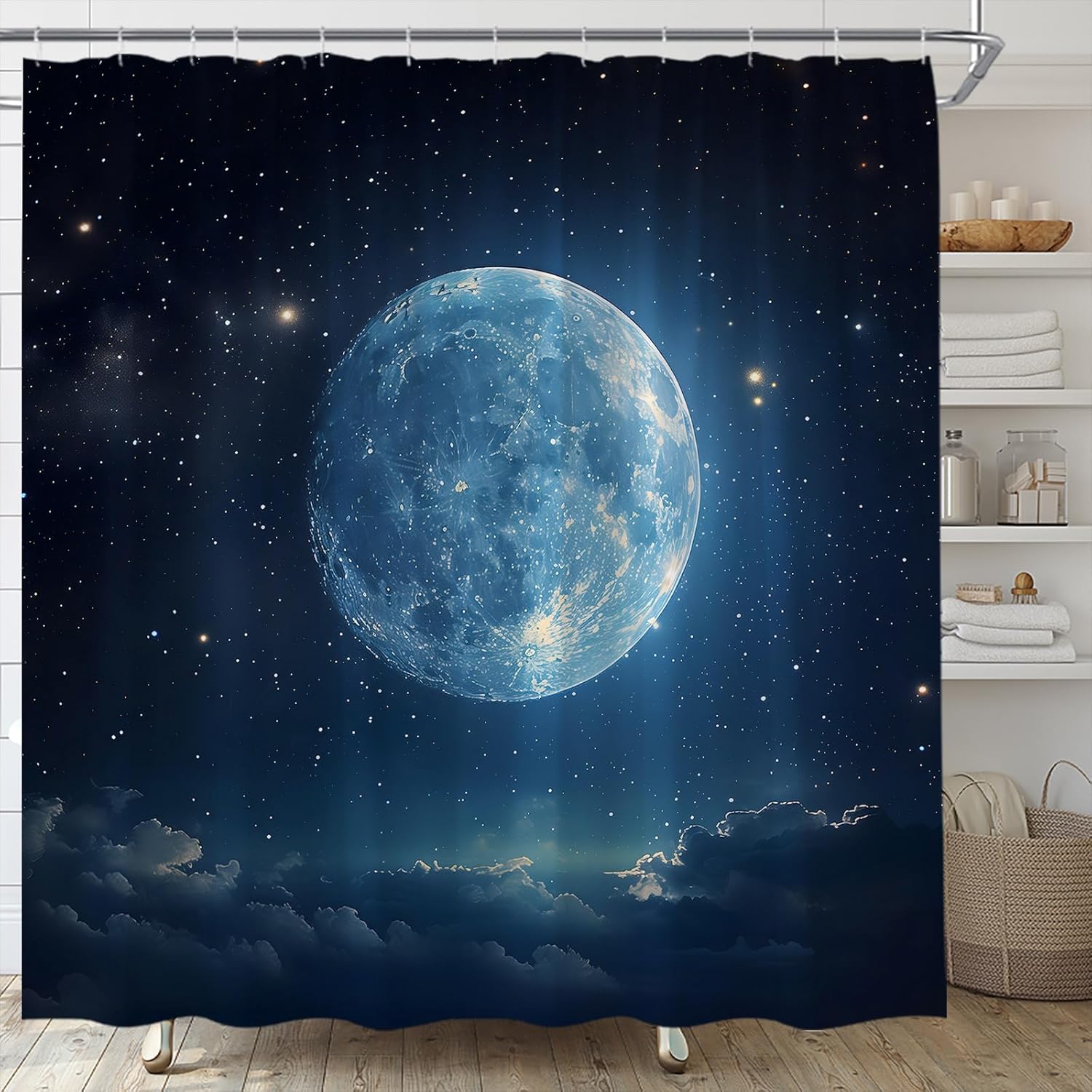 Moon Shower Curtain Star Starry Fantasy Night Sky Full Moon Celestial Cloud Celestial Galaxy Blue Navy Gothic Fabric Bathroom 90x180CM