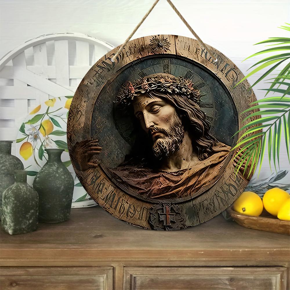 Jesus Christ Crown of Thorns Round Wooden Hanging Sign, 2D Flat Wooden Religious Wall Decor