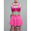 Sexy Lingerie Set: Solid Color Faux Leather Skirt With Mesh Stockings Adjustable Strap Push-Up Bra Roleplay Costume