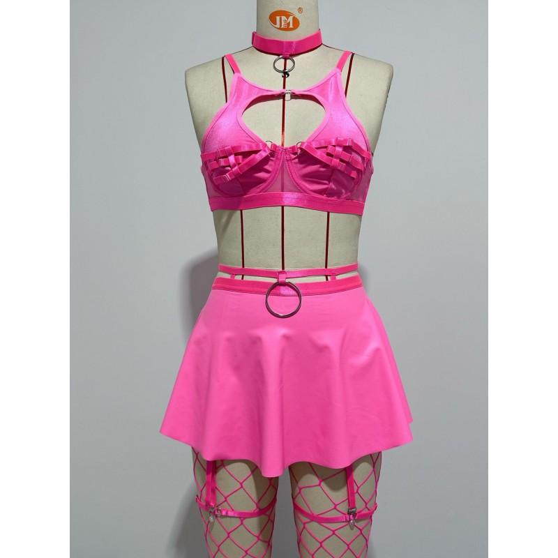 Sexy Lingerie Set: Solid Color Faux Leather Skirt With Mesh Stockings Adjustable Strap Push-Up Bra Roleplay Costume