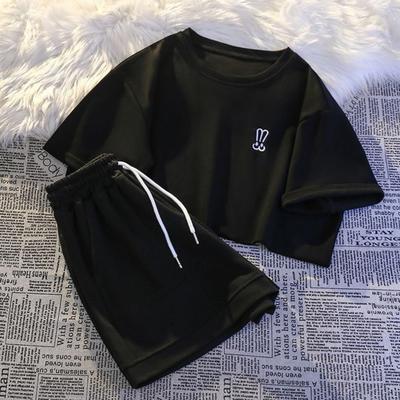 2 Teile/satz Frauen T-shirt Shorts Anzug Rundhals Einfarbig Kurze Ärmel Top Kordelzug Elastische Taille Lose Hosen Dame Trainingsanzug Casual Täglichen Outfit