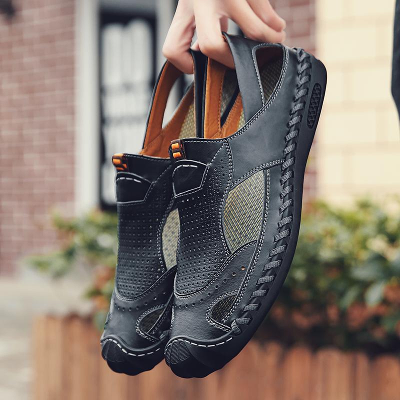 

Мужские сандалии, черные кожаные сандалии-гладиаторы, уличные летние римские сандалии для мужчин, пляжная обувь больших размеров