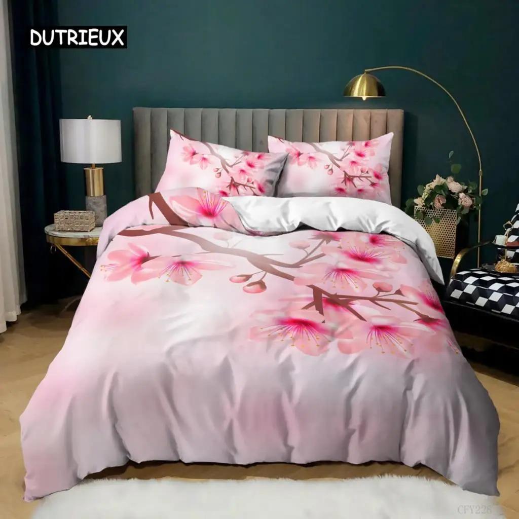 Erik Çiçeği Nevresim Takımı King Pembe Çiçekli Kız Çocuklar İçin Mikrofiber Dallı Baskılı Yatak Örtüsü Takımı