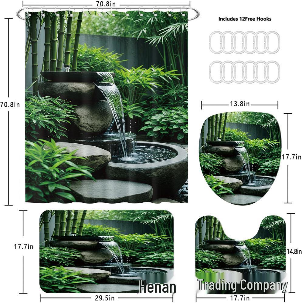 Green Fountain Landscape Shower Curtain Set with Bath Mat, Toilet Lid Mat & 12 Hooks