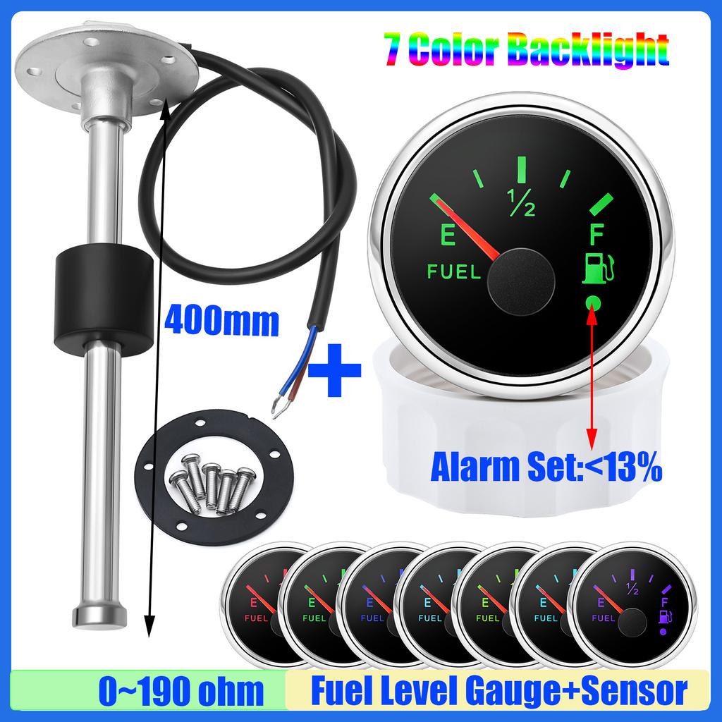 Waterproof 52mm Fuel Level Gauge with Flash Alarm+Oil Float Sensor 0-190 OHM Fuel Tank Meter 7Color LED for Car Yacht 12V Custom