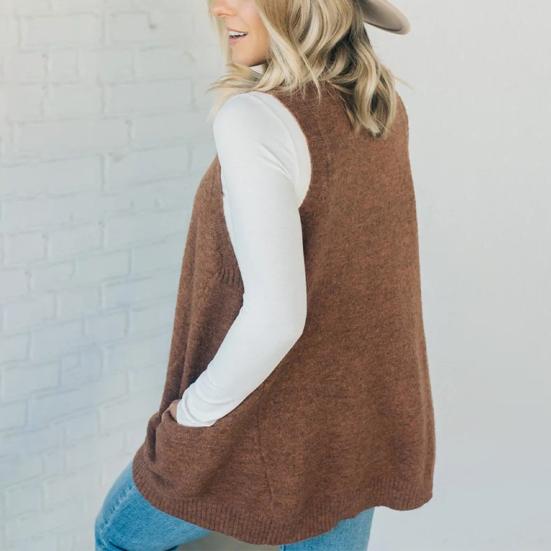 Yousheng Women Sweater V-neck Sleeveless Solid Color Knitting Vest with Pockets Ribbed Trim Loose Fit Mid-length Casual Knitwear